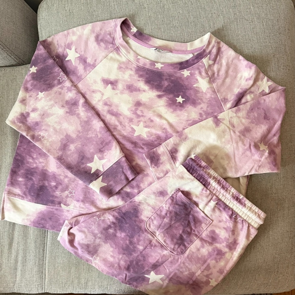 Wildfox 2 Piece XL Long Sleeve PJ's Set Sweatshirt Shorts Tie Dye Stars Purple